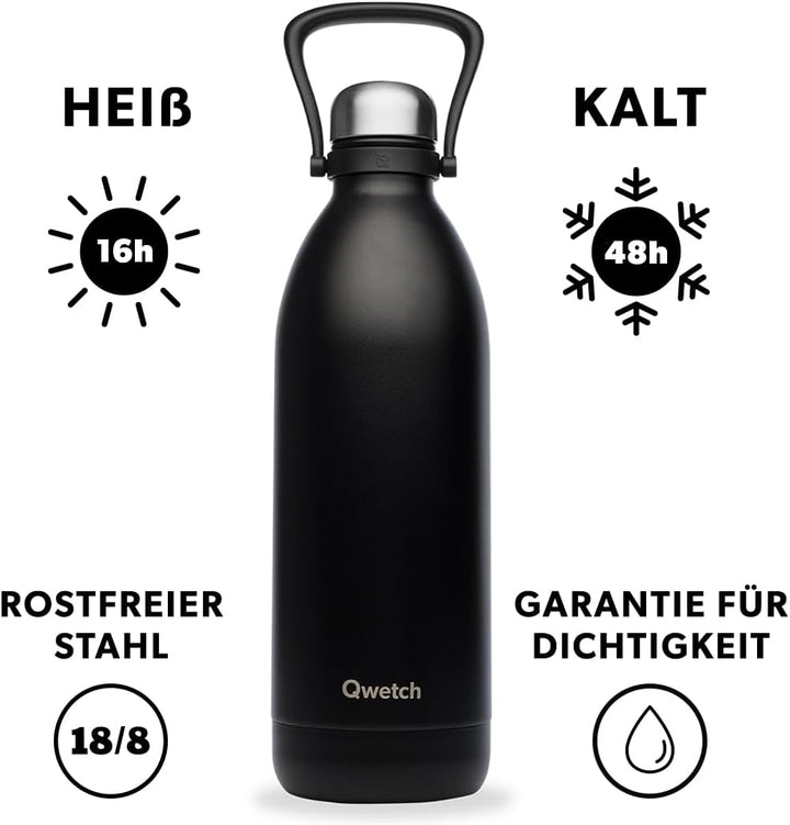 QWETCH - Isothermische Flasche - Titan Matt Schwarz 2L - 48h kalt & 16h heiss - BPA frei, wasserdich