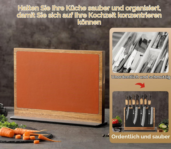 XINZUO Magnetisch Messerhalter Akazienholz, Zweifarbige Lederoberfläche, Doppelseitig erhältlich, Oh