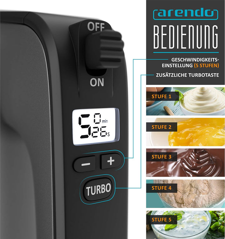 Arendo Elektrischer Handmixer 350W Mixer zum Backen – Handrührer mit 2 Rührquirlen und 2 Knethaken a