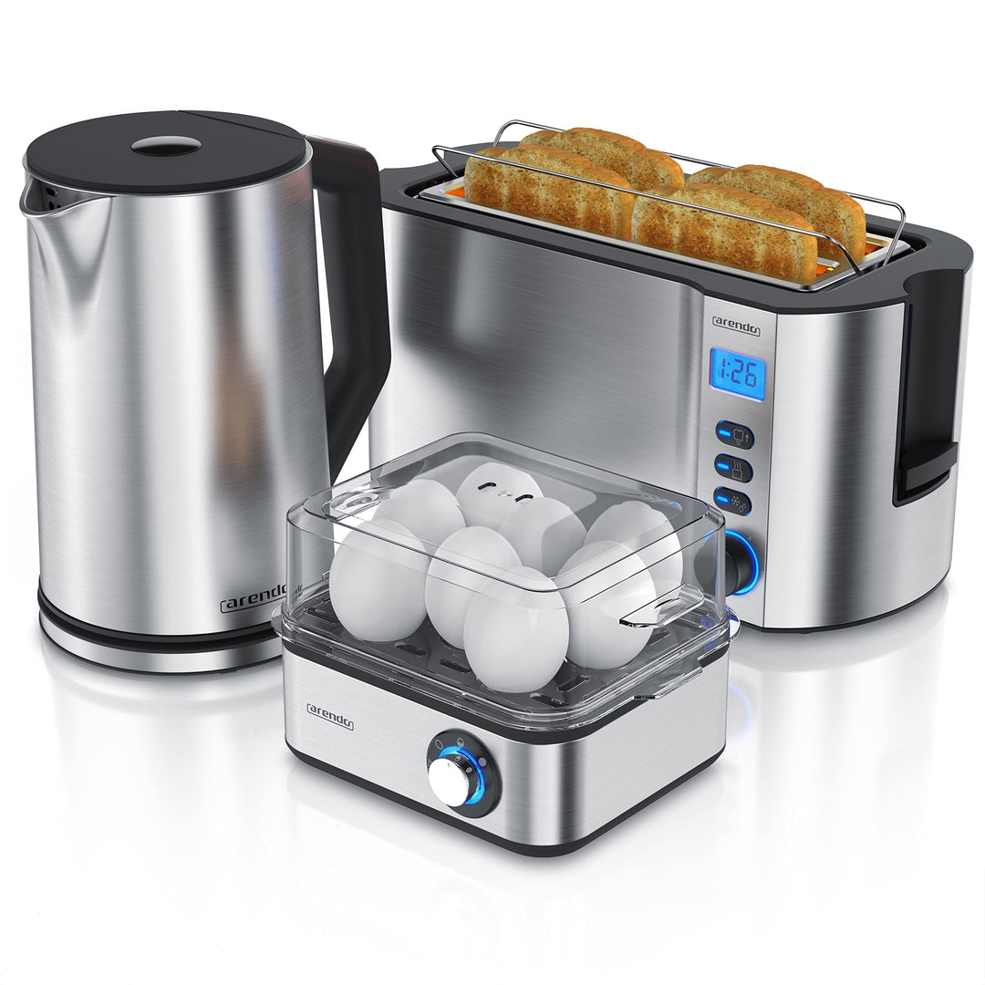 Arendo - Wasserkocher mit Toaster SET und Eierkocher, Edelstahl Silber, Wasserkocher 1,5L 40° - 100°