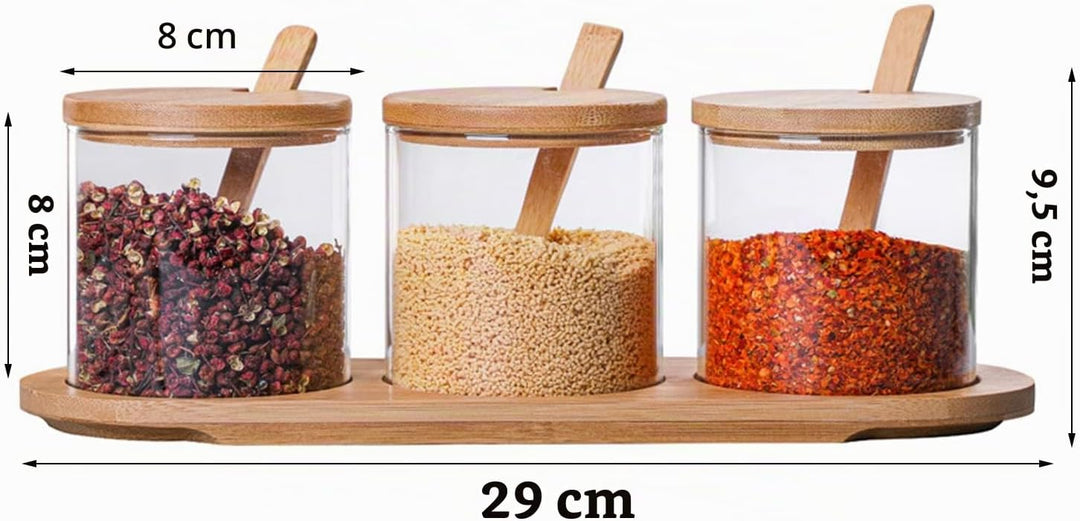 Gewürzbehälter 3er Set,300ml Gewürzgläser mit Löffel, Bambusdeckel und Base,Gewürzständer Glasgewürz