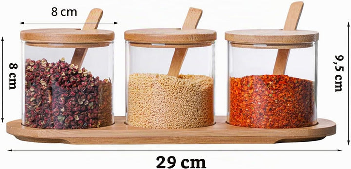 Gewürzbehälter 3er Set,300ml Gewürzgläser mit Löffel, Bambusdeckel und Base,Gewürzständer Glasgewürz