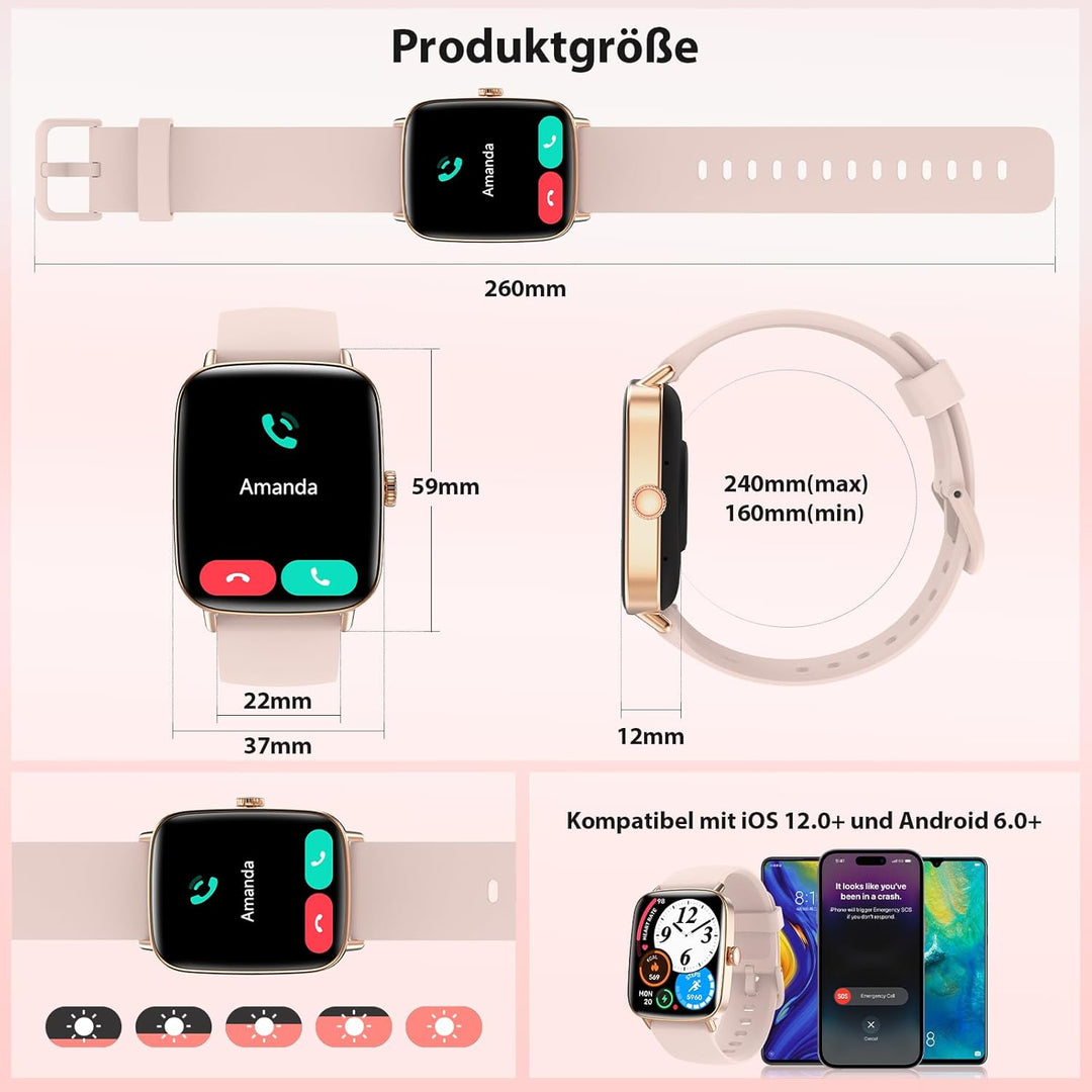 Yoever Smartwatch Damen mit Telefonfunktion - 1.85" Fitnessuhr Damen mit Herzfrequenz SpO2 Schlafmon