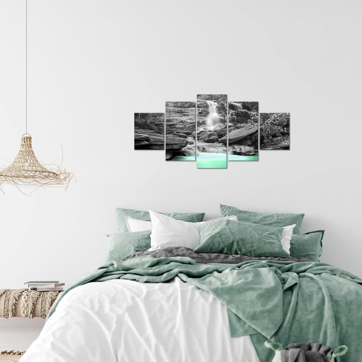 Runa Art Wandbilder Wasserfall 5 Teilig Bild auf Vlies Leinwand Deko Wohnzimmer Schlafzimmer Panoram
