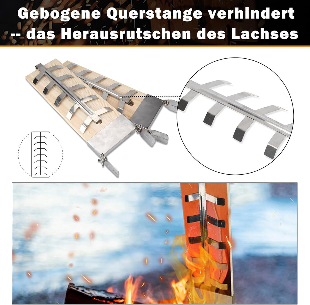 Flammlachsbrett 2er Set, Lachsbretter zum Grillen aus Zedernholz mit Edelstahlhalterung, 5 Winkelstu