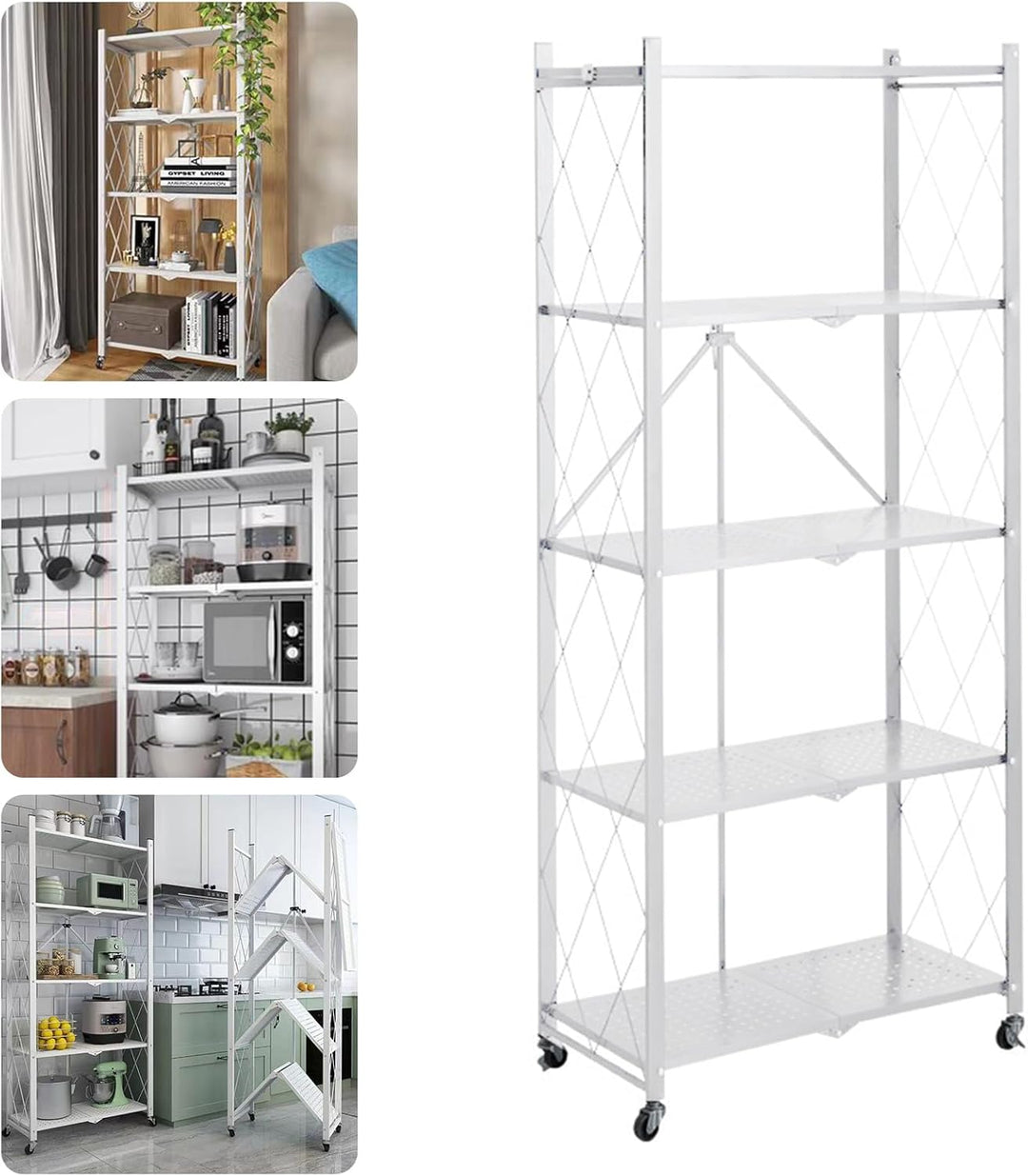 Klappbar Servierwagen mit 4 Rollen, Rollwagen klappbar 3/4/5 Etage Mobile Storage Folding Trolley Mi