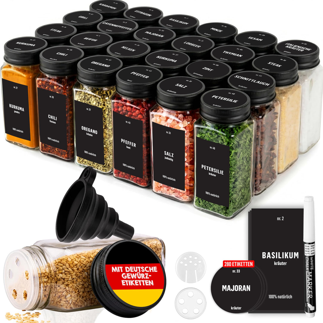 Deco haus® Gewürzgläser eckig mit Schraubkappe 24er Set [+Etiketten & Streueinsatz] - Gewürzdosen Se