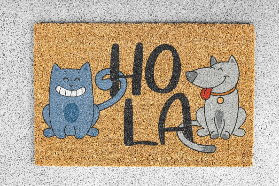 KOKO DOORMATS Kokos Fussmatte aussen mit Anti-Rutsch PVC | Lustige Türmatte Hola - Cat &amp; Dog | Umwel