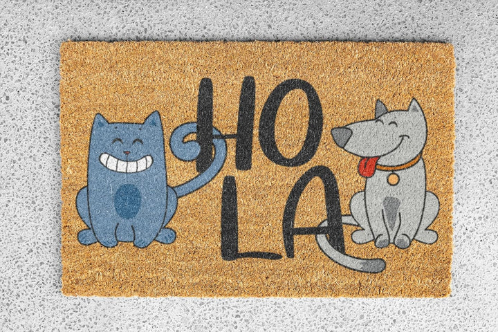 KOKO DOORMATS Kokos Fussmatte aussen mit Anti-Rutsch PVC | Lustige Türmatte Hola - Cat &amp; Dog | Umwel