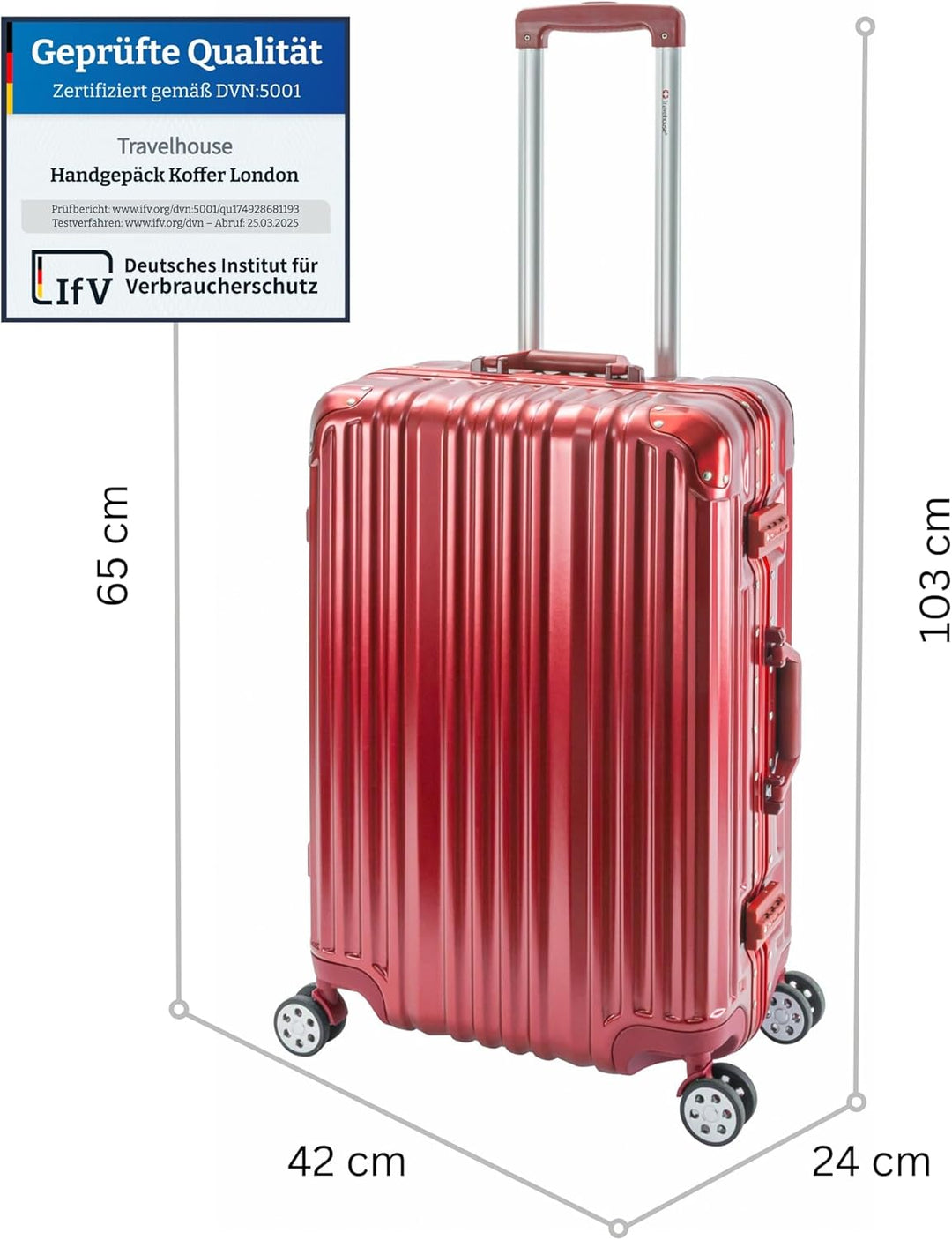 Travelhouse London Koffer Rot M-65cm · Alu-Rahmen · Polykarbonat Hartschale · 2X TSA Zahlenschloss ·