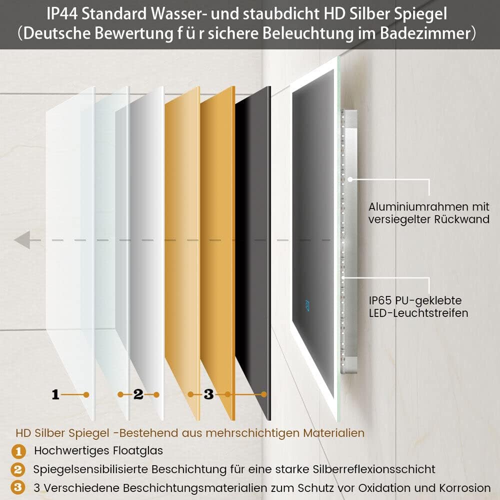 Badspiegel mit Beleuchtung 100x60 cm LED Spiegel Bad mit Touch-Schalter Beschlagfrei Badezimmerspieg