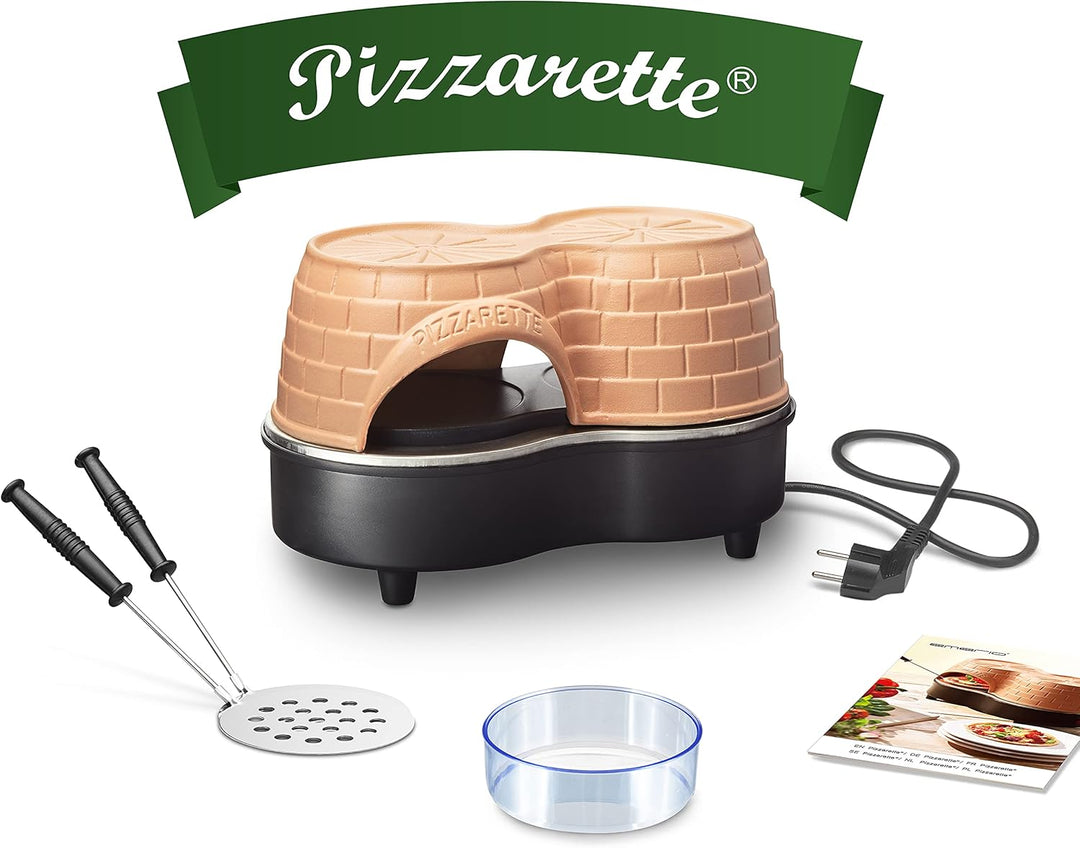 Emerio Pizzaofen, PIZZARETTE Duo das Original, handgemachte Terracotta Tonhaube, neues PRE-BAKE Desi