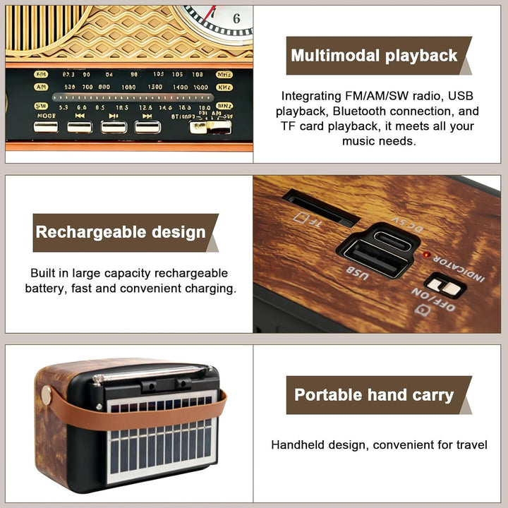 Solar Retro Radio AM/FM/SW, Retro Radio Mit Bluetooth, Vintage Kofferradio Mit Stromkabel, Wiederauf