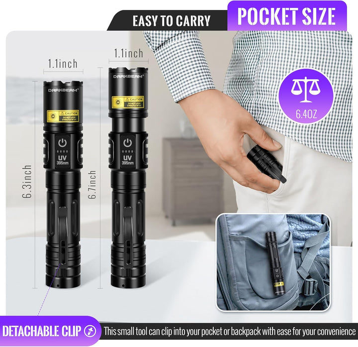 DARKBEAM UV Taschenlampe Schwarzlicht 395nm, LED Taschenlampen USB Aufladbar Superhell Fokus einstel