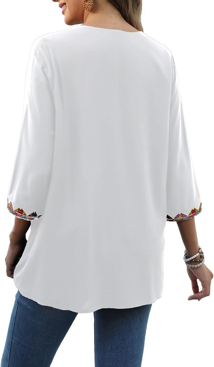 Seasonal Boho Tunika Damen Sommer Mexikanische Blumen Bestickt V-Ausschnitt Top 3/4 Ärmel Hippie Los