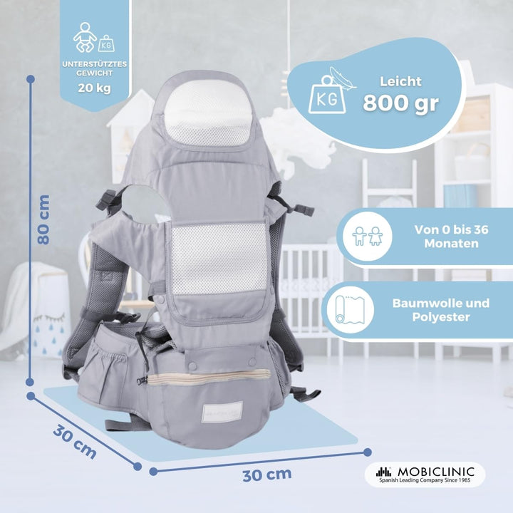 Mobiclinic® kids, Babytrage, 6 in 1, Moley, Mehrpositionale, Faltbar, Reissverschlusstasche, Flasche