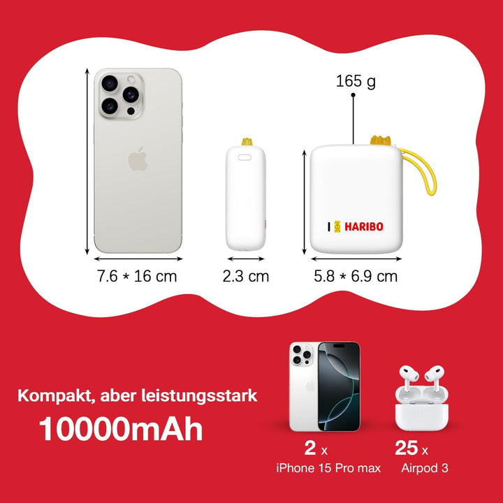 HARIBO Mini Powerbank 10000mAh, 22,5W Schnellladung Integriertes Kabel | Kompakte Grösse: 2,4 * 5,5