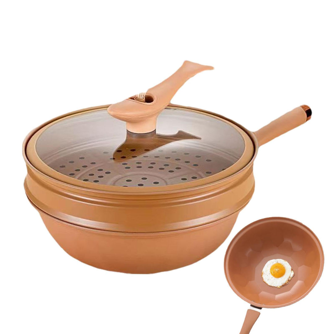 Iron Wok with Lid, Non-Stick Clay Wok with Steamer Basket, Multifunctional Pottery Clay Non-Stick Po