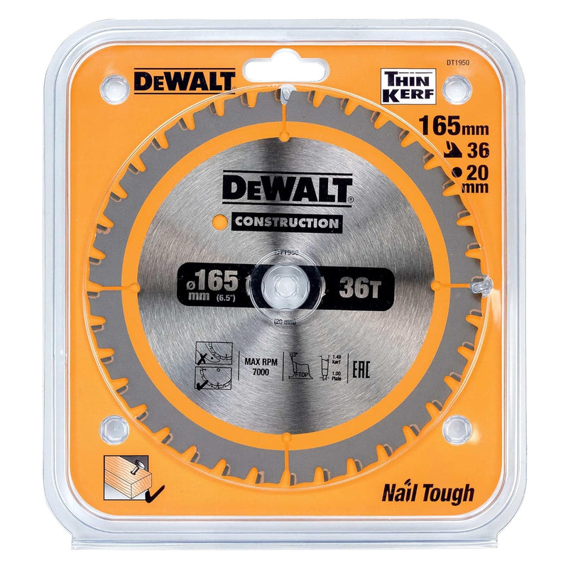 Dewalt Bau-Kreissägeblatt Construction für Akku-Handkreissäge DT1950 (165/20mm 36WZ, 20° Zahnwinkel,