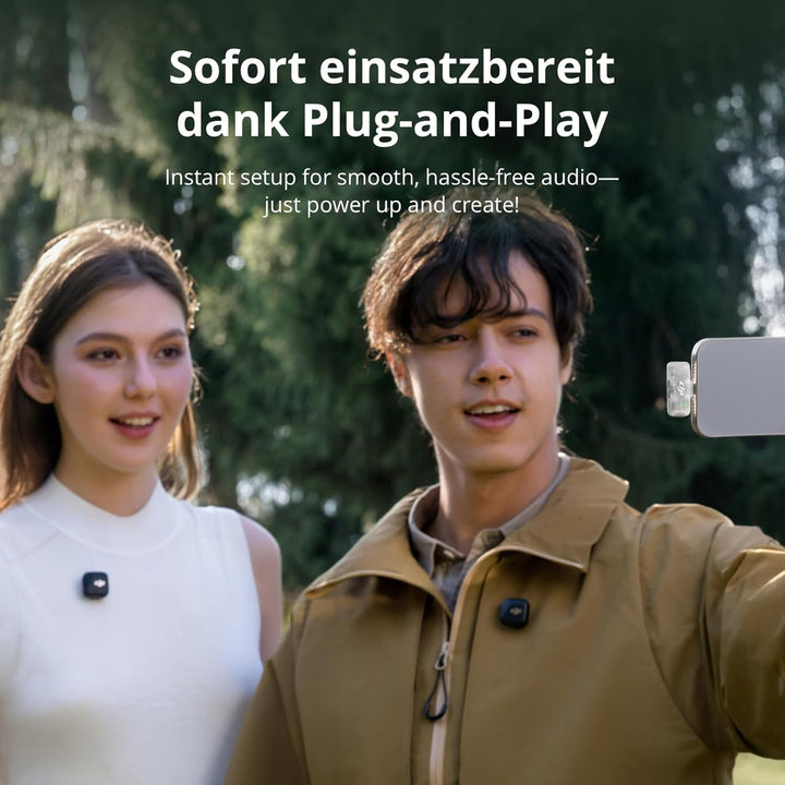 DJI Mic Mini (2 Sender + 1 Handy-Empfänger), Ansteckmikrofon, drahtloses Lavalier-Mikrofon für iPhon