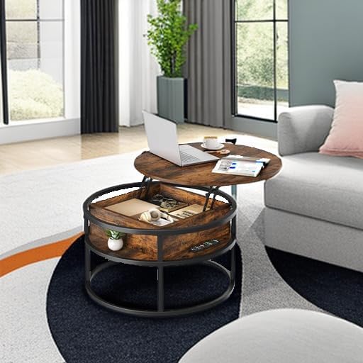 YITAHOME Couchtisch Rund mit Hebeplatte, Wohnzimmertisch mit verstecktem Ablagefach, Beistelltisch R