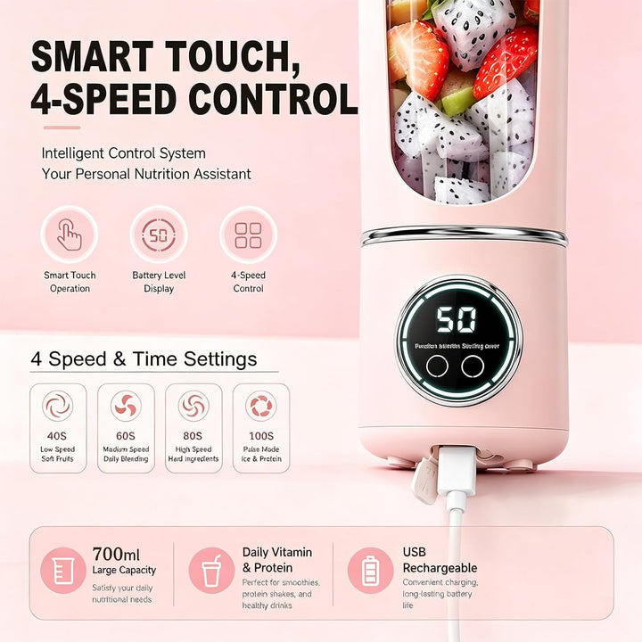Tragbarer Mixer, 700 ml Mixer Smoothie, Mini-Standmixer mit 12 Edelstahlklingen und Digitalanzeige,