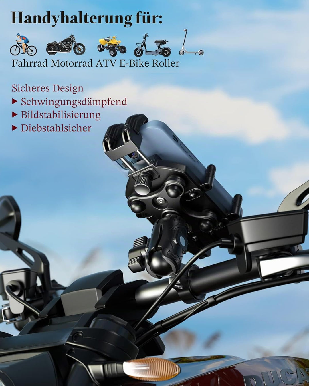 BRCOVAN Motorrad-Handyhalterung mit Vibrationsdämpfer und Hochgeschwindigkeits-Sicherheitsknauf, Die