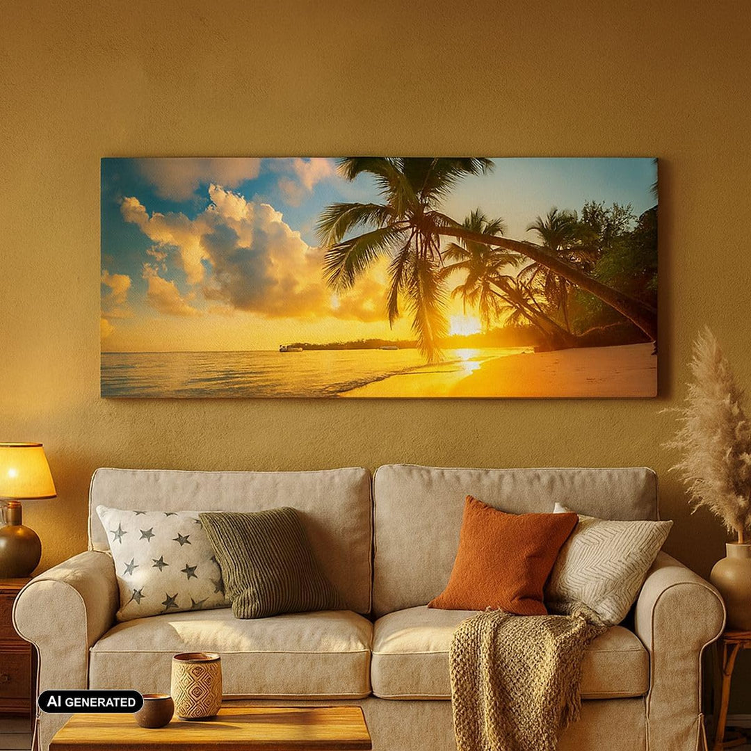 Wandbilder Dekoration Wohnzimmer Meer Strand Palme Panorama Bilder auf Leinwand 120x50cm Leinwandbil
