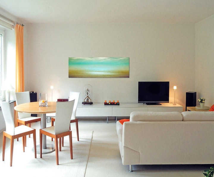 Paul Sinus Art Panoramabild auf Leinwand und Keilrahmen 120x40cm Strand Meer Wolken Dunst Vintage