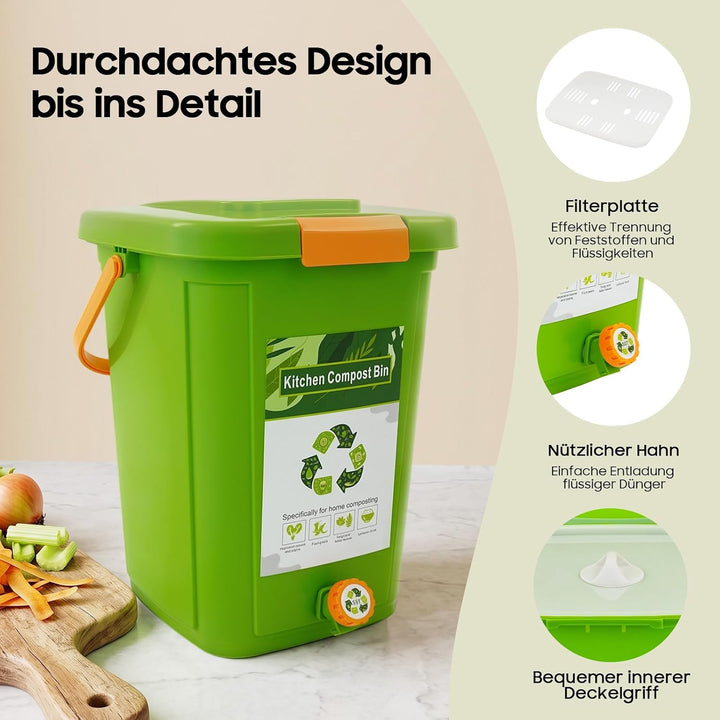 Biomülleimer Küche 10L/15L/20L, Bio-Eimer, Abfalleimer mit Doppeldeckel, Geruchsdichter Komposteimer