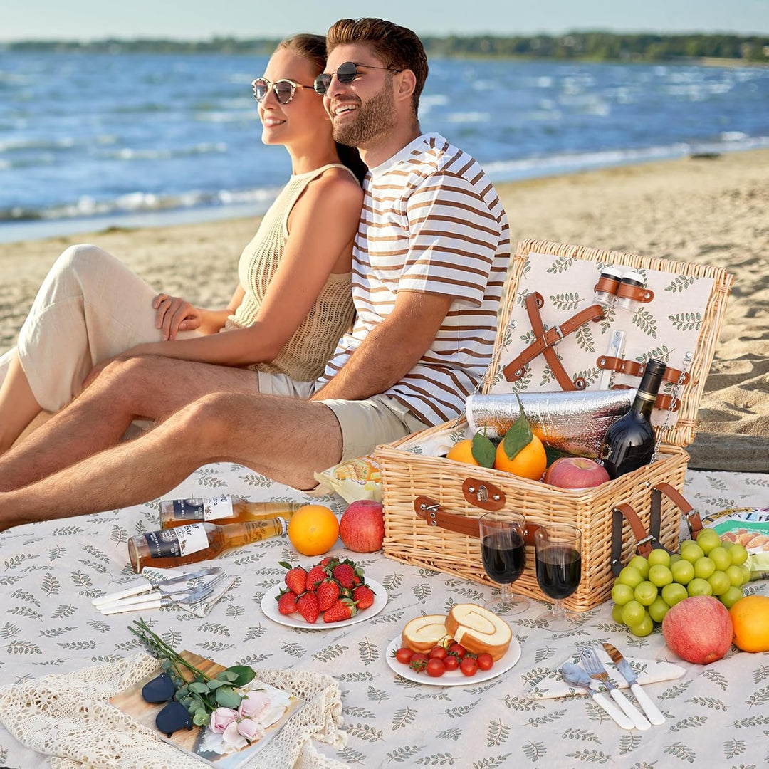 HappyPicnic Picknickkorb-Set für 2 – Weiden-Picknickkorb mit wasserdichter Decke & isoliertem Innenf