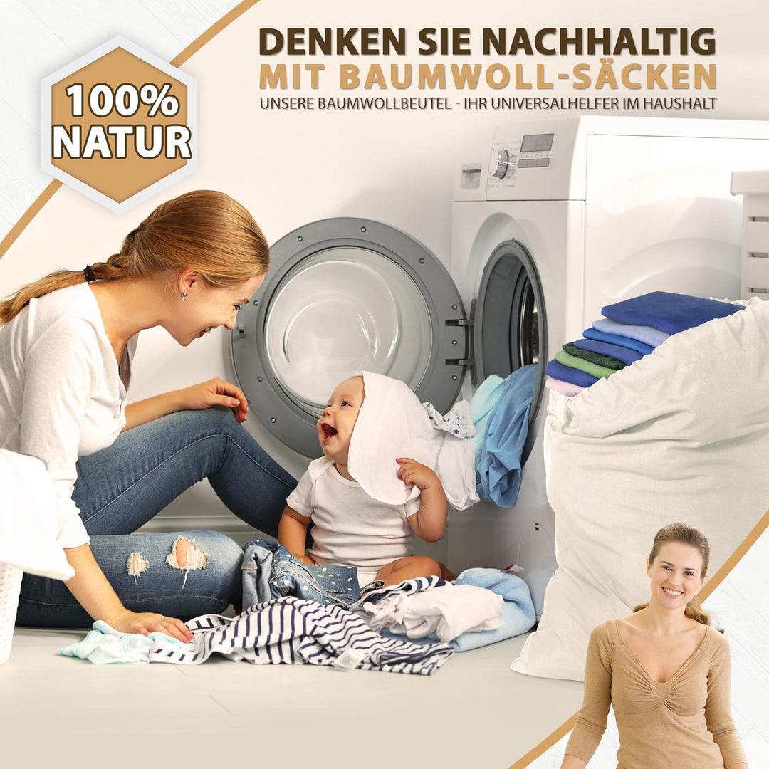 ELES VIDA® - Wäschebeutel 2 Set 50x75cm aus 100% Baumwolle - Extra grosse Heavy Duty Wäschesack - la