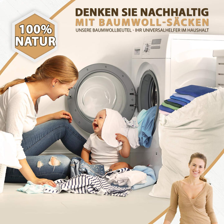 ELES VIDA® - Wäschebeutel 2 Set 50x75cm aus 100% Baumwolle - Extra grosse Heavy Duty Wäschesack - la