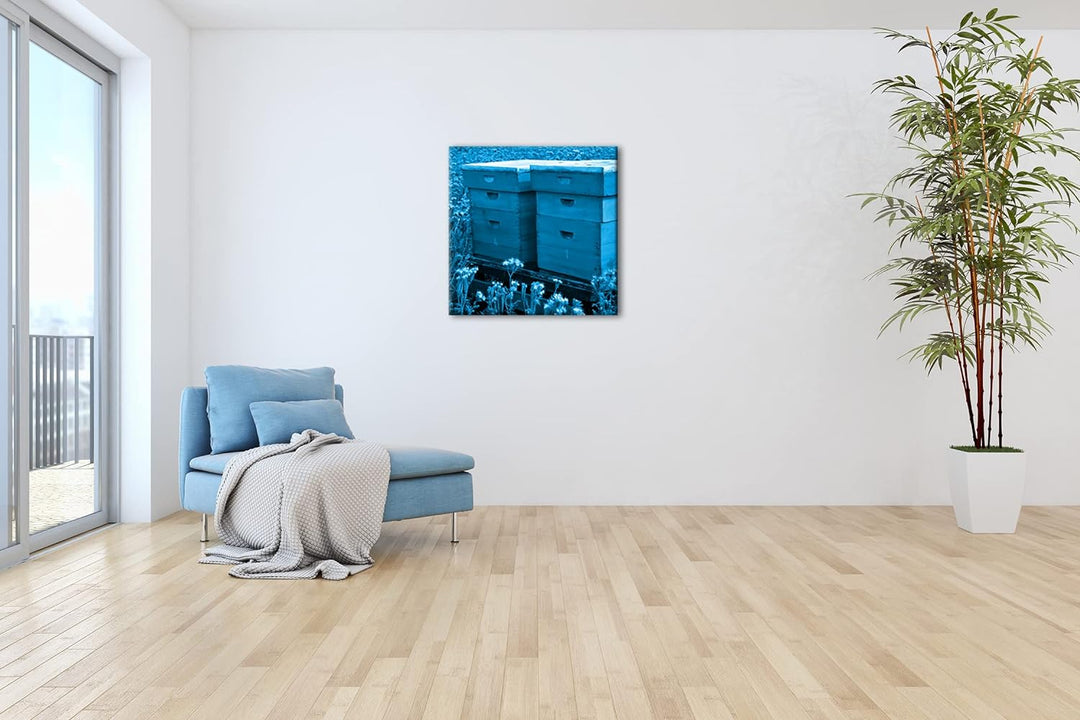 deyoli Bienenstock auf der Blumenwiese Format: 40x40 Effekt: Monocrome Blau als Leinwand, Motiv fert