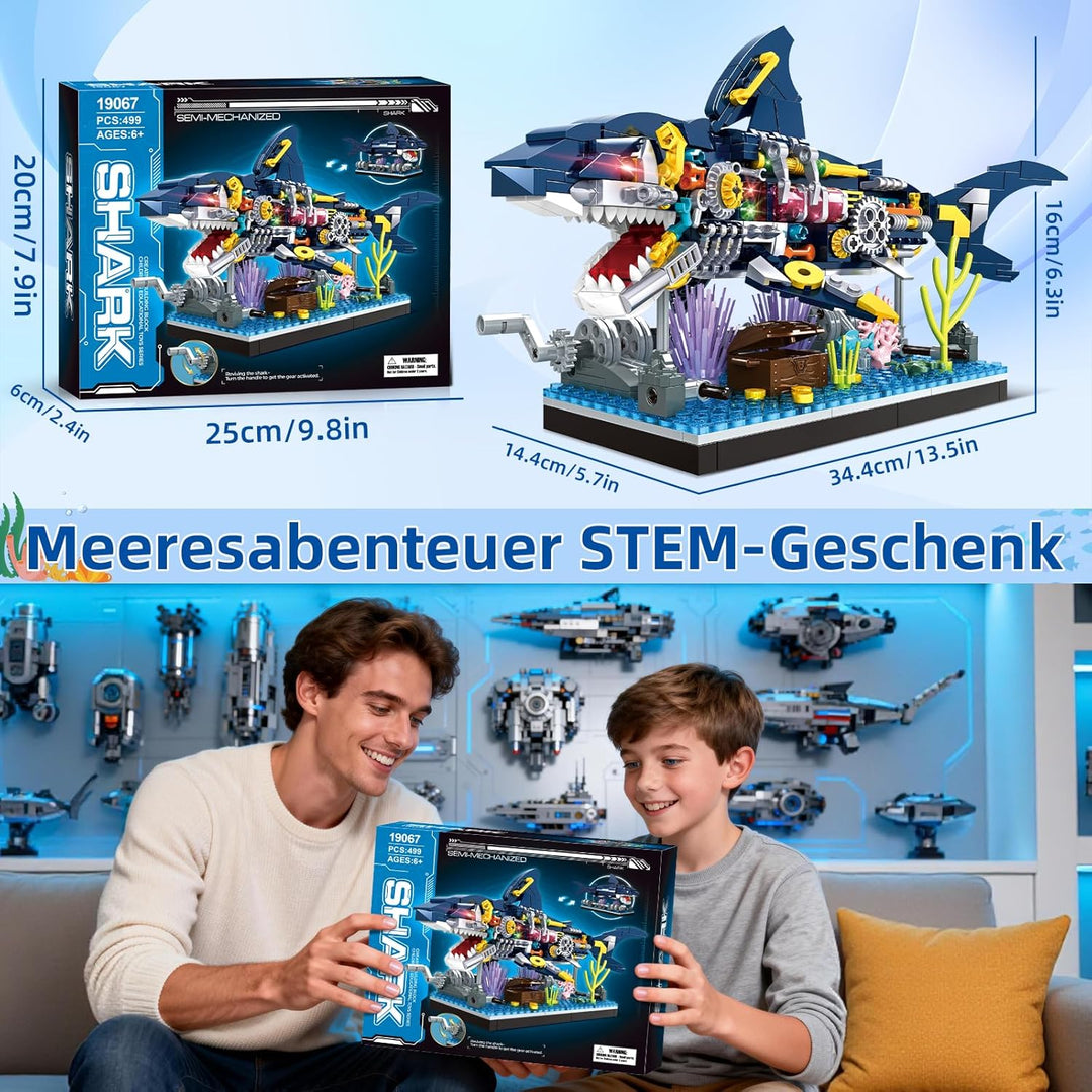 kiothdre Hai Bausatz mit Mechanische Drehbare Tier Hai Bauspielzeug, Meerestier Bausteine mit Stände