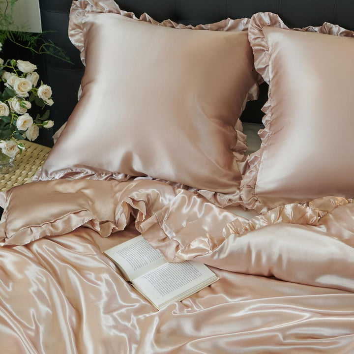 Freyamy Bettwäsche 220x240 Glatt Luxus Seide Bettwäsche Set Khaki Champagne Einfarbig Rüschen Romant