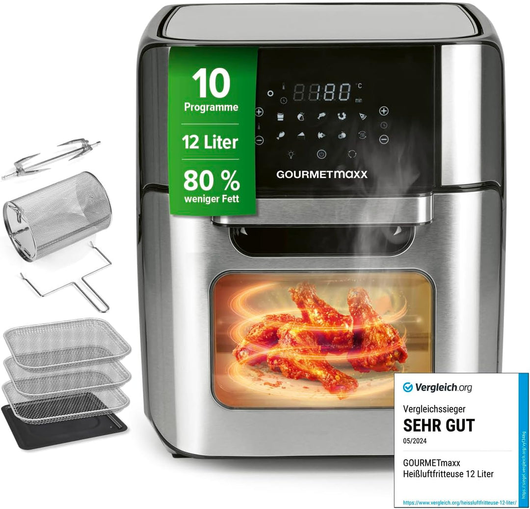 GOURMETmaxx Digitale Heissluftfritteuse 12 L, XXL-Edelstahl-Ofen | Airfryer + Timer, Touchdisplay, D