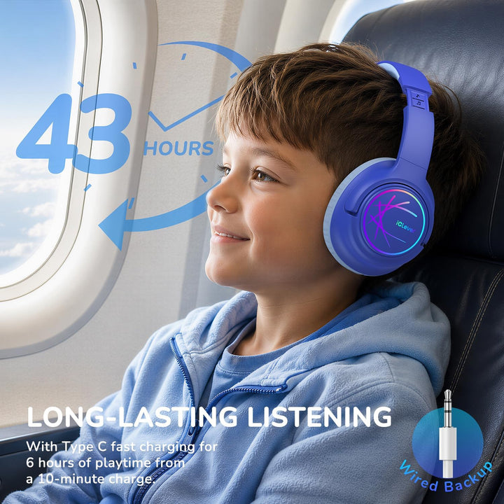 iClever Bluetooth Kopfhörer Kinder mit LED-Leuchten, 74/85dBA Lautstärkebegrenzung, 43 Stunden Spiel