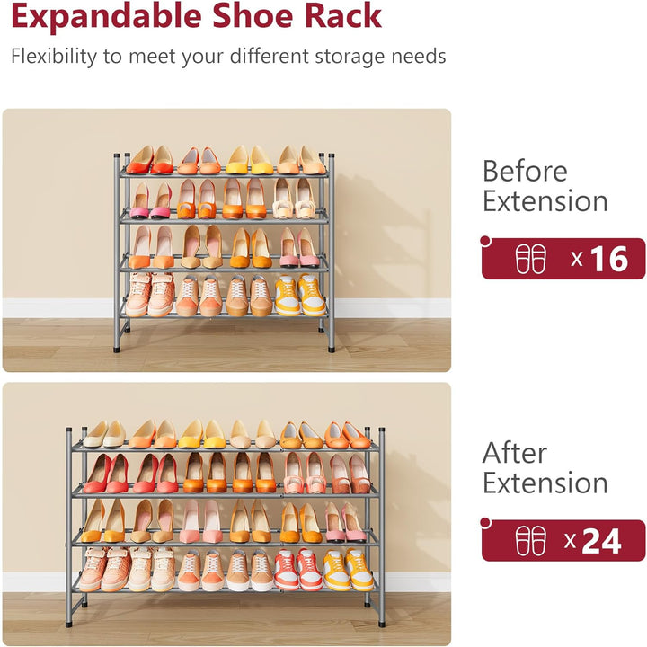 Tajsoon Schuhregal 4 Ebenen, 74–104 cm verstellbar &amp; stapelbar, für Eingang, Kleiderschrank, Garage,