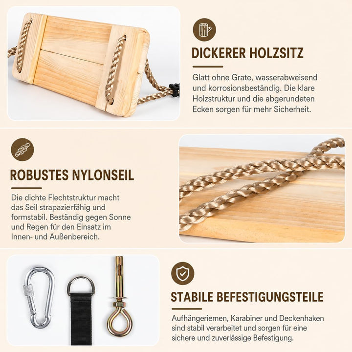 EXTFANS Holz Schaukel, Kinderschaukel mit Einstellbares Seil, 40 * 16 * 1,6cm, Baumschaukel bis 100