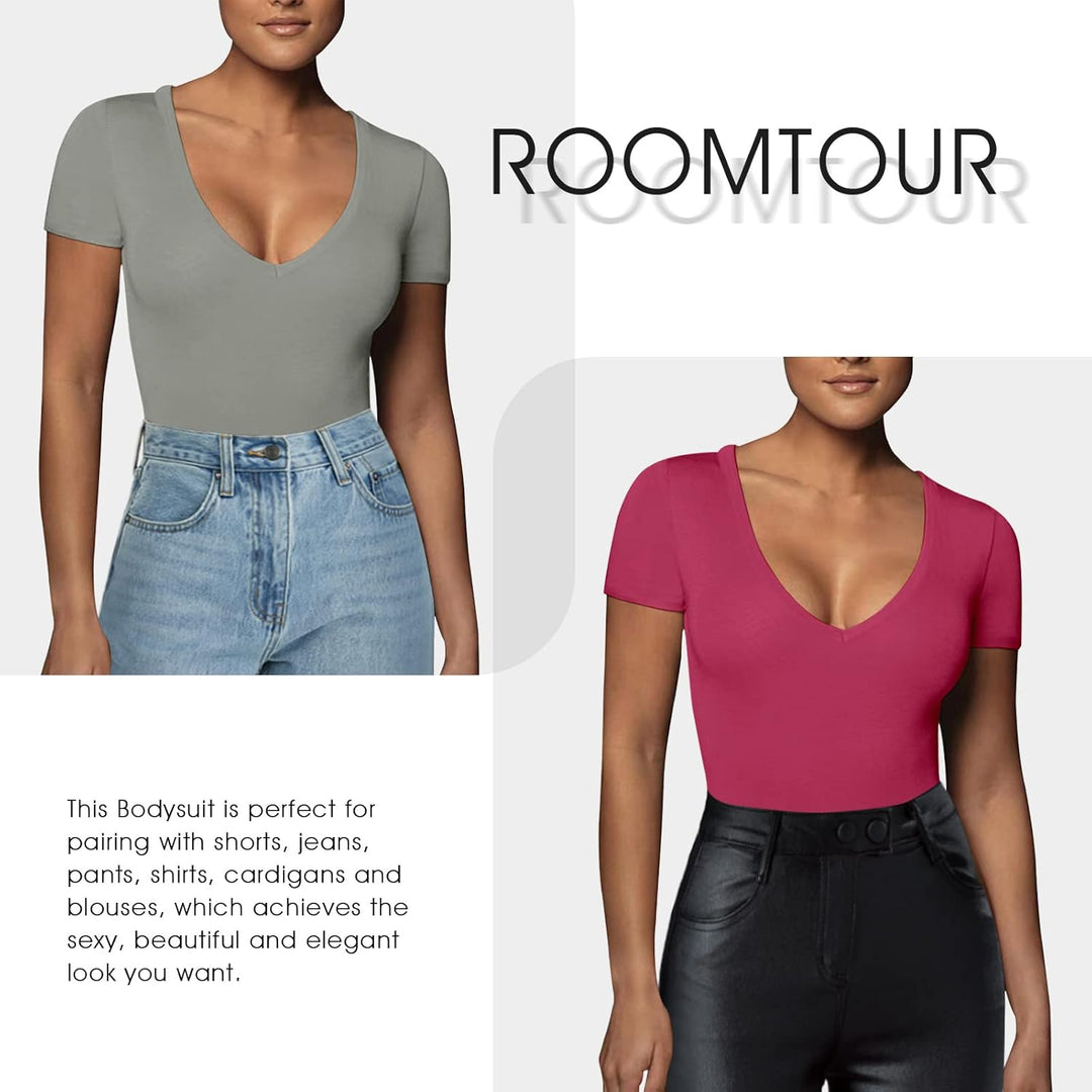 RoomTour Body Damen Elegant Kurz Bodysuit Tops Damenbody for damen Stringbody V Kragen, XS 2-Rot
