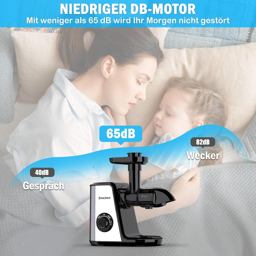 Muchen Slow Juicer Entsafter für Obst und Gemüse Ruhiger Motor Leichte Reinigung mit Rückwärts-Kau-F