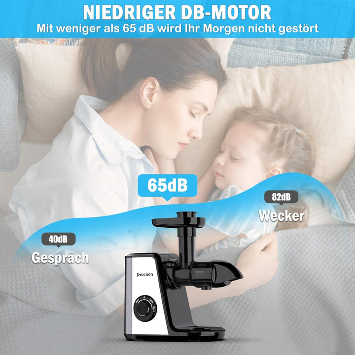 Muchen Slow Juicer Entsafter für Obst und Gemüse Ruhiger Motor Leichte Reinigung mit Rückwärts-Kau-F