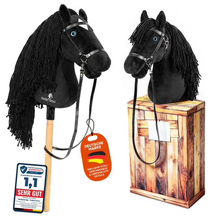 Premium Hobby Horse,Steckenpferd,Stockpferd mit realistischen Augen & Stall‑Karton – Braun oder Schw