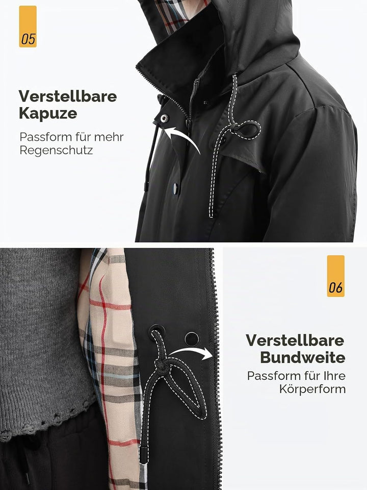 SaphiRose Lange Regenjacke für Damen, Outdoor-Regenmantel, Windbreaker, mit Kapuze XXL Schwarz, XXL
