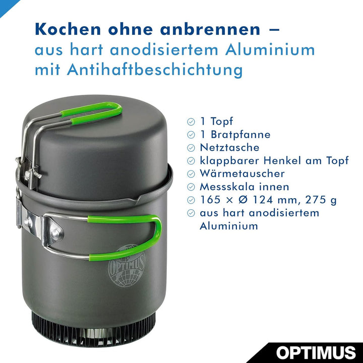 Optimus Terra Weekend HE Kochset – 0,95 L Camping-Kochgeschirr aus hart anodisiertem Aluminium mit W