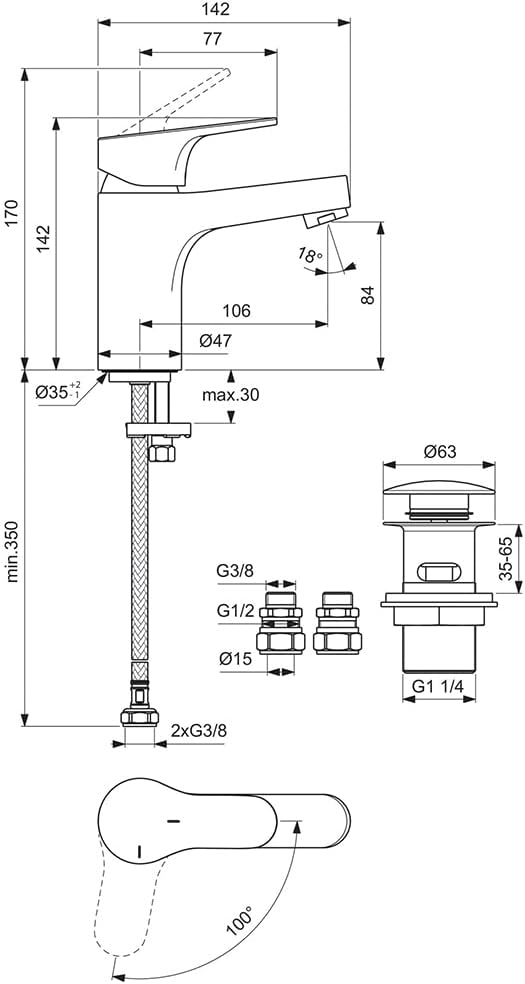 Ideal Standard Cerabase Waschtischarmatur, Auslaufhöhe 84 mm, wassersparender Wasserhahn Badezimmer,