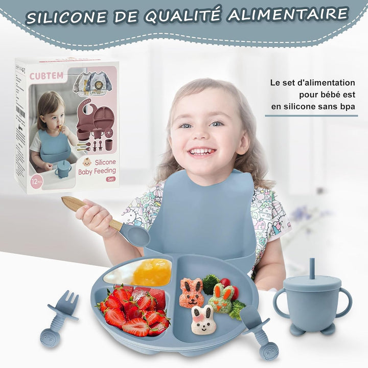Baby Geschirrset,12er Set Kindergeschirr, Babylöffel,Trinklernbecher,Silikon Lätzchen,Baby Teller Ki