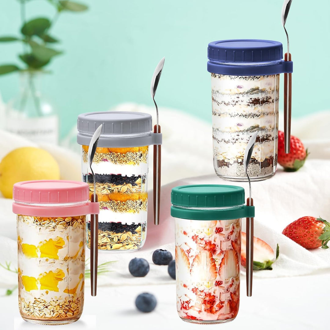 UCAMP 600ml Glas Müslibecher to go mit Deckel und Löffel,4er Set joghurtbecher to go,Einmachgläser O