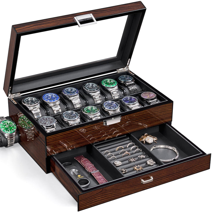 BEWISHOME 12 Uhrenboxen für Herren, luxuriöser Uhren-Organizer mit Schublade, mit ultraglattem PU-Le
